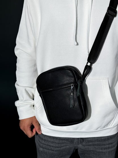 Handmade Black Leather Mens Messenger Bag Compact Crossbody Zipper Pocket