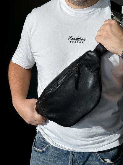 Handmade Black Leather Waist Bag Banana Style Gift for Him