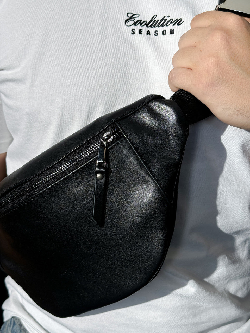 Handmade Black Leather Waist Bag Banana Style Gift for Him