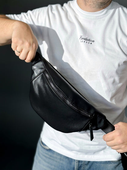 Handmade Black Leather Waist Bag Banana Style Gift for Him