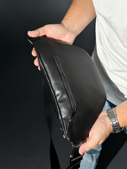 Handmade Black Leather Waist Bag Banana Style Gift for Him
