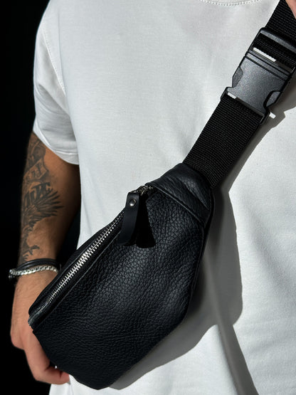 Handmade Mens Black Leather Banana Bag Gift for Him Waist Bag Fanny Pack