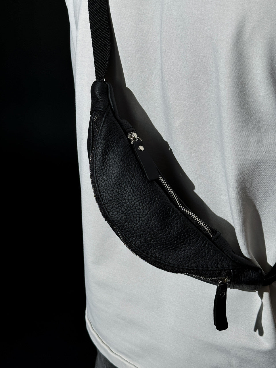 Handmade Mens Black Leather Banana Bag Gift for Him Waist Bag Fanny Pack