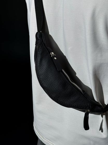 Handmade Mens Black Leather Banana Bag Gift for Him Waist Bag Fanny Pack