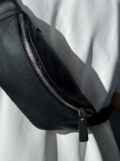 Handmade Mens Black Leather Banana Bag Gift for Him Waist Bag Fanny Pack