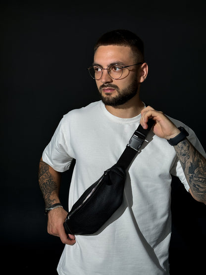 Handmade Mens Black Leather Banana Bag Gift for Him Waist Bag Fanny Pack