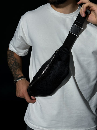 Handmade Mens Black Leather Banana Bag Gift for Him Waist Bag Fanny Pack