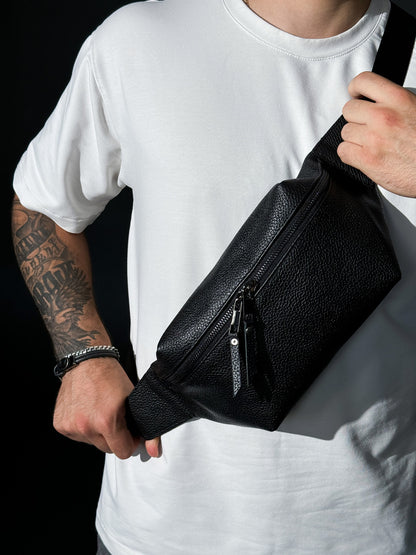 Handmade Mens Black Leather Banana Bag Fanny Pack Crossbody Waist Bag