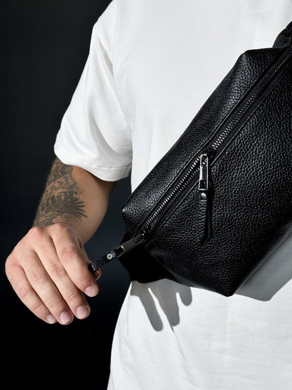 Handmade Mens Black Leather Banana Bag Fanny Pack Crossbody Waist Bag