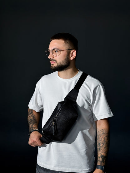 Handmade Mens Black Leather Banana Bag Fanny Pack Crossbody Waist Bag