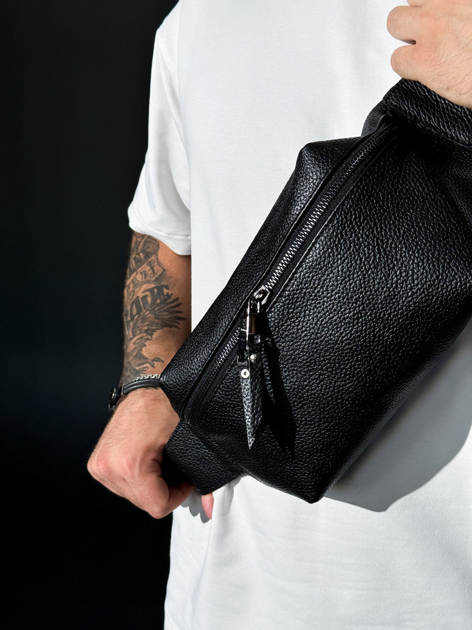 Handmade Mens Black Leather Banana Bag Fanny Pack Crossbody Waist Bag