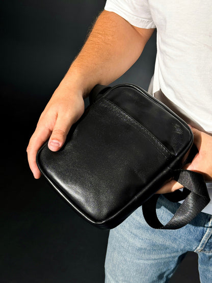 Handmade Mens Genuine Leather Messenger Bag Black Crossbody Compact