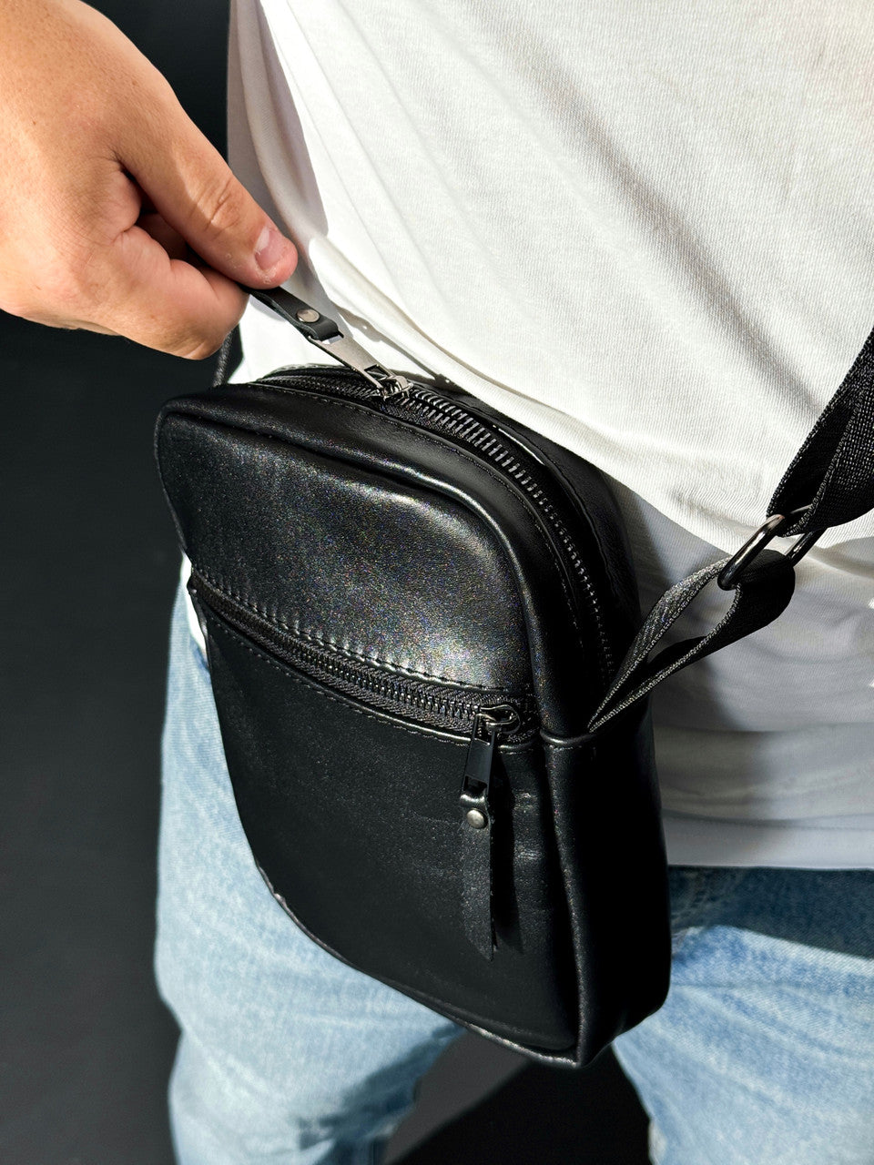 Handmade Mens Genuine Leather Messenger Bag Black Crossbody Compact