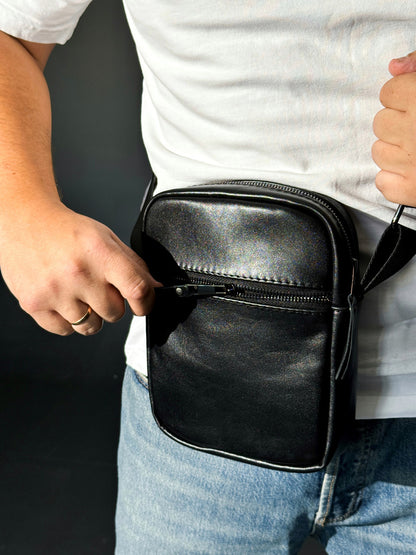 Handmade Mens Genuine Leather Messenger Bag Black Crossbody Compact