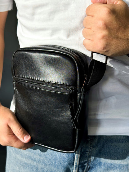 Handmade Mens Genuine Leather Messenger Bag Black Crossbody Compact