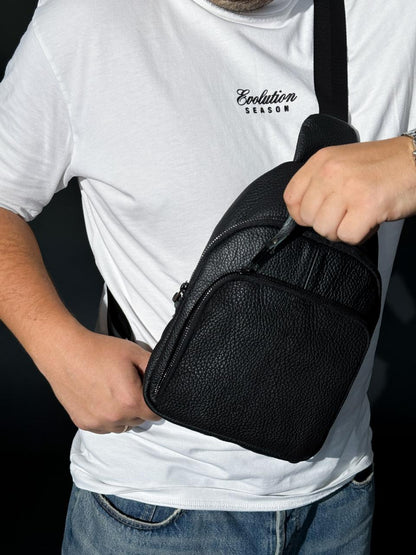 Handmade Genuine Leather Mens Sling Bag Black Crossbody Shoulder Bag Gift for Him