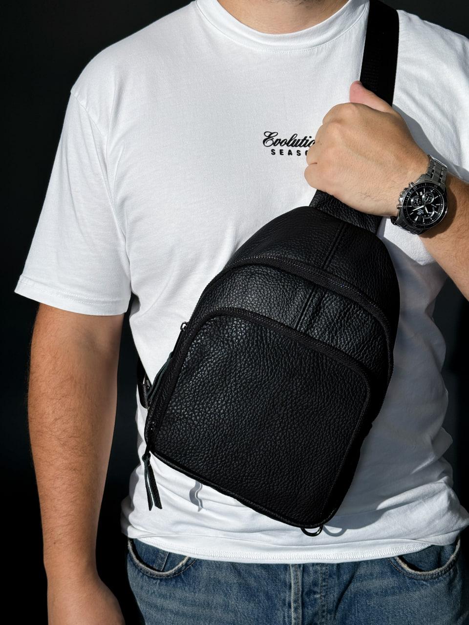 Handmade Genuine Leather Mens Sling Bag Black Crossbody Shoulder Bag Gift for Him