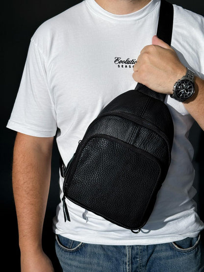 Handmade Genuine Leather Mens Sling Bag Black Crossbody Shoulder Bag Gift for Him
