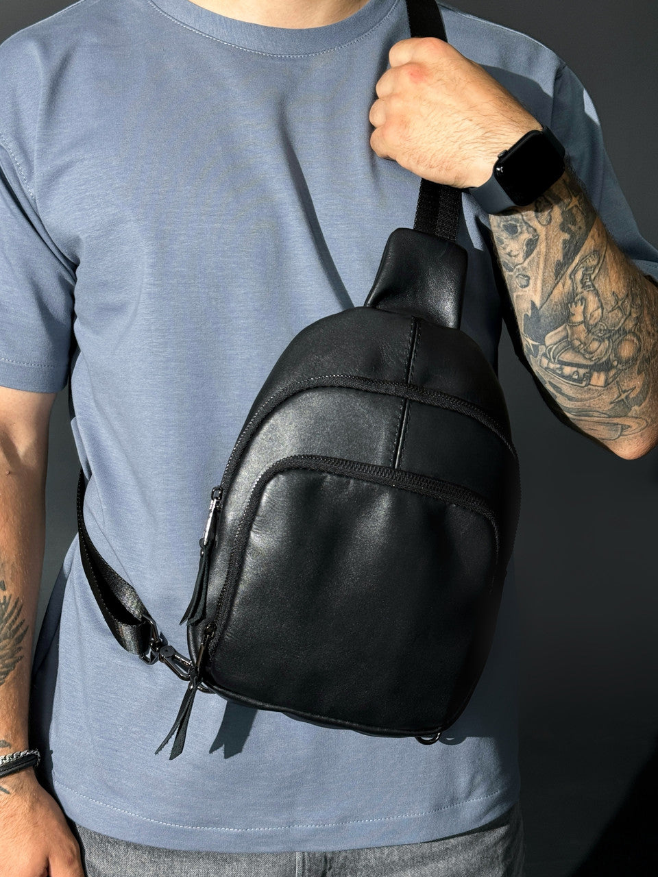 Mens Genuine Leather Sling Bag Black Handmade Leather Shoulder Crossbody Bag Gift for Him