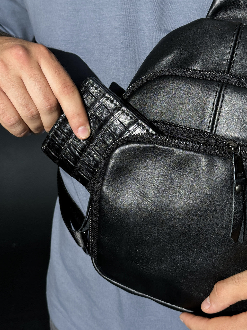 Mens Genuine Leather Sling Bag Black Handmade Leather Shoulder Crossbody Bag Gift for Him