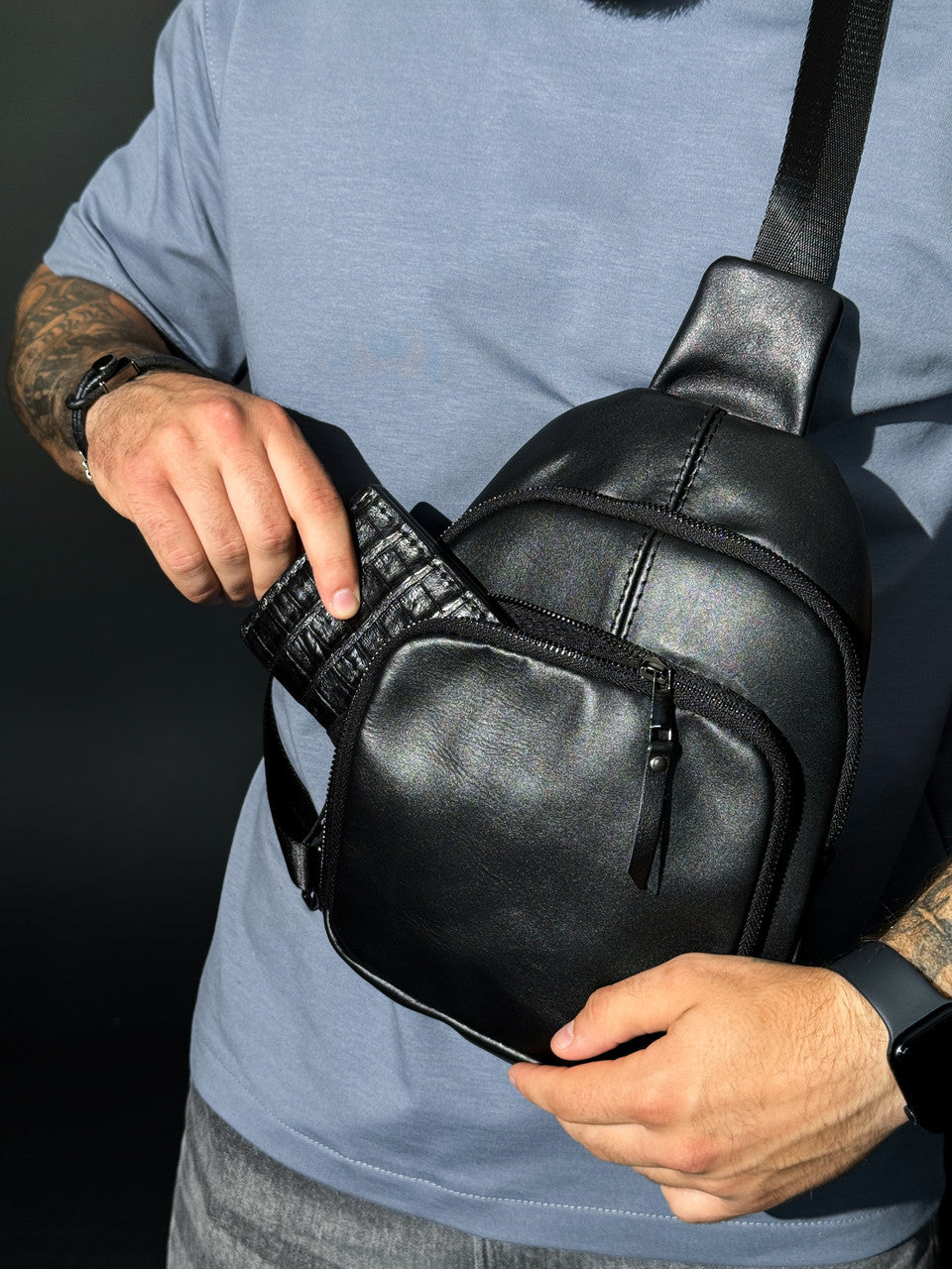 Mens Genuine Leather Sling Bag Black Handmade Leather Shoulder Crossbody Bag Gift for Him