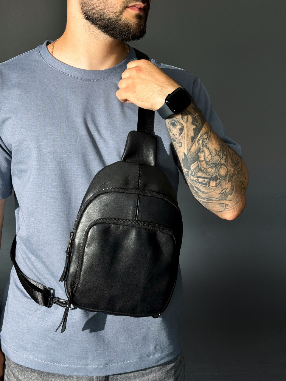 Mens Genuine Leather Sling Bag Black Handmade Leather Shoulder Crossbody Bag Gift for Him