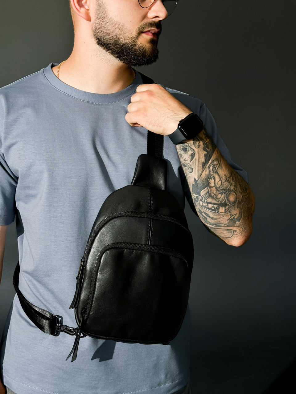 Mens Genuine Leather Sling Bag Black Handmade Leather Shoulder Crossbody Bag Gift for Him