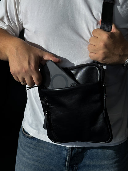 Handmade Mens Black Leather Crossbody Bag Classic Messenger Style