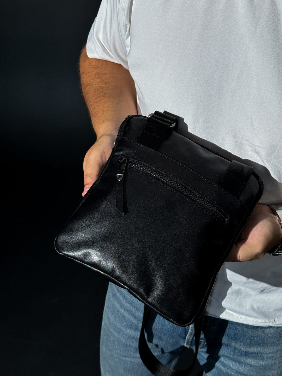 Handmade Mens Black Leather Crossbody Bag Classic Messenger Style
