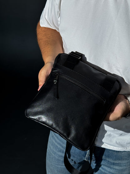 Handmade Mens Black Leather Crossbody Bag Classic Messenger Style