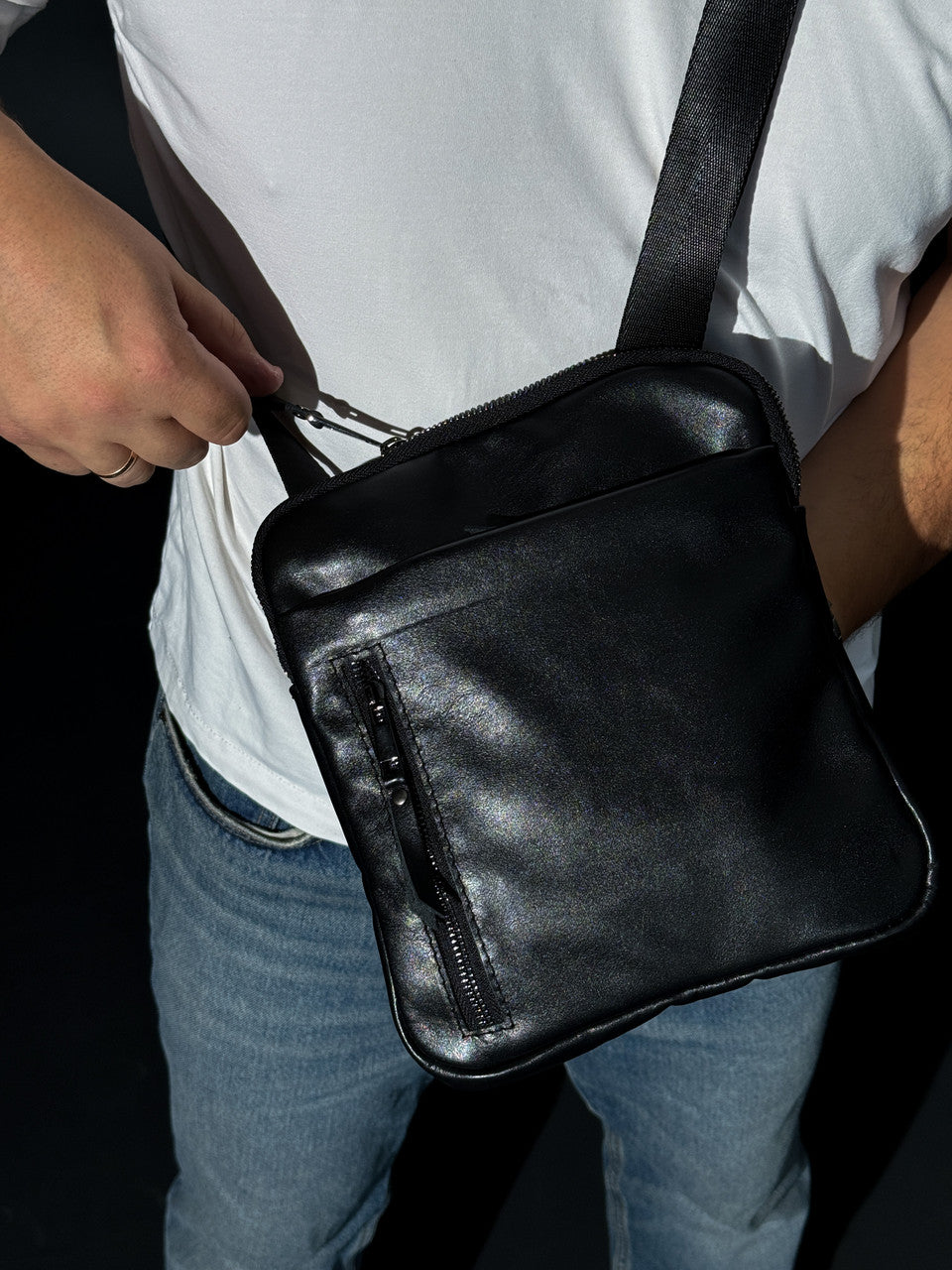 Handmade Mens Black Leather Crossbody Bag Classic Messenger Style
