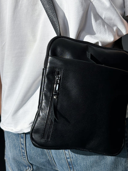 Handmade Mens Black Leather Crossbody Bag Classic Messenger Style
