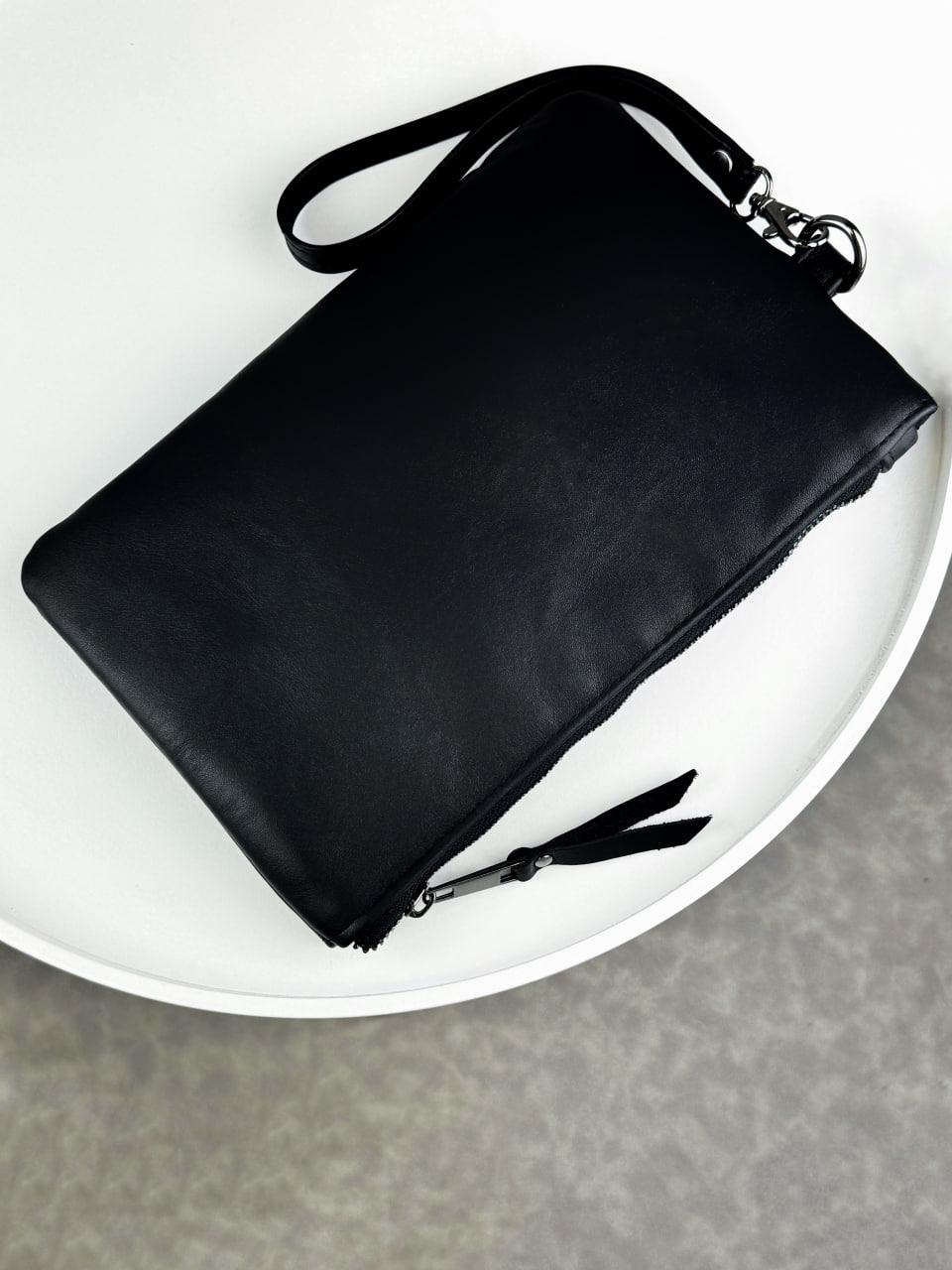 Handmade Genuine Smooth Leather Clutch Black Minimalist Wrist Clutch Gift for Him