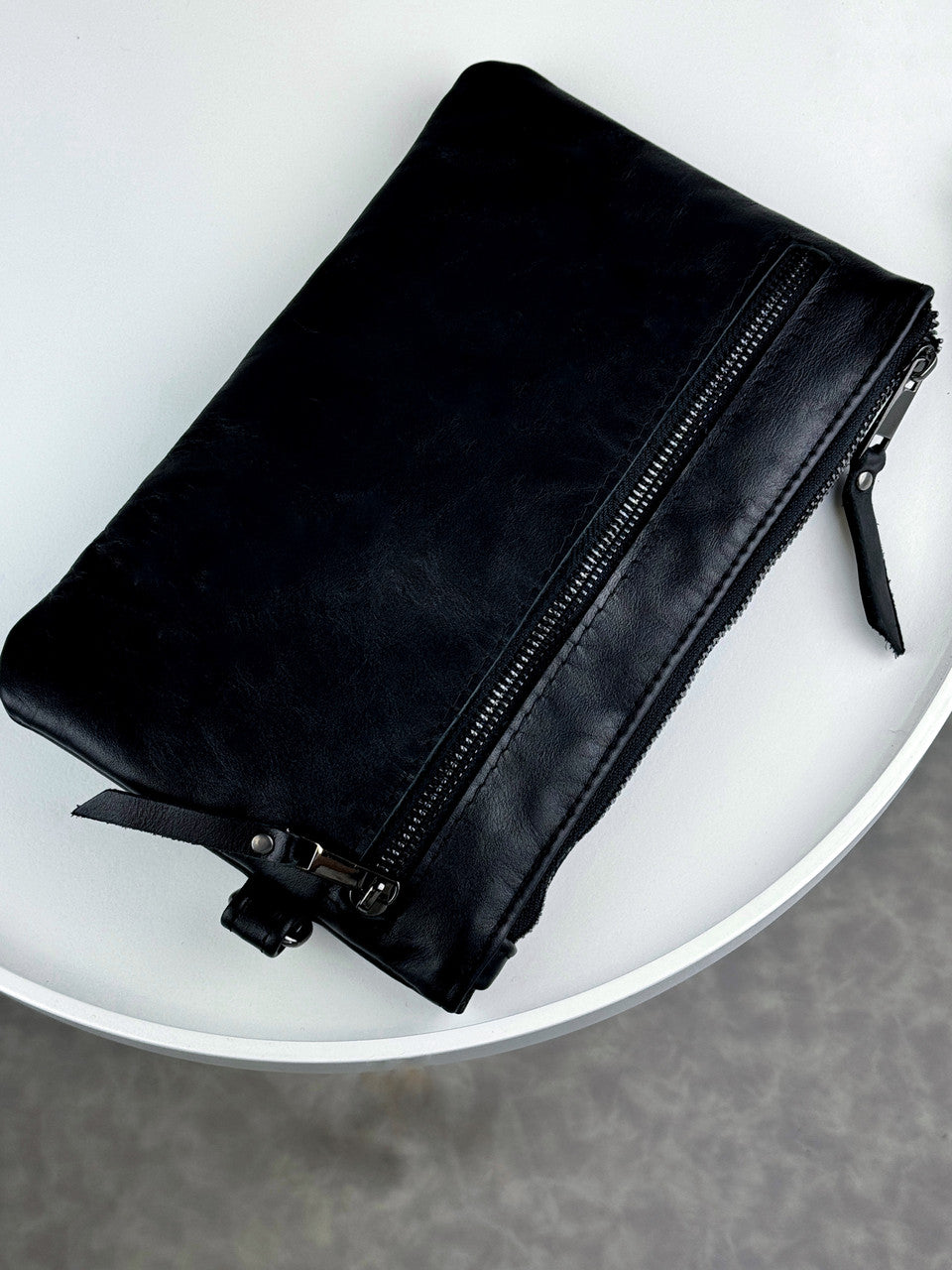 Handmade Genuine Smooth Leather Clutch Black Minimalist Wrist Clutch Gift for Him