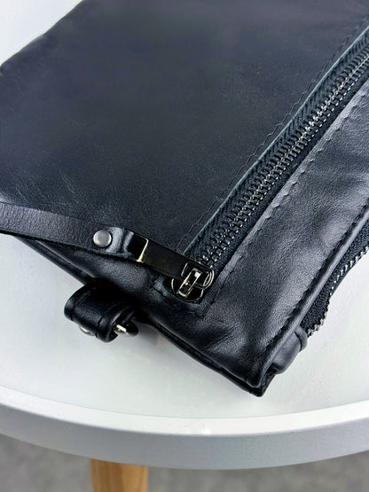 Handmade Genuine Smooth Leather Clutch Black Minimalist Wrist Clutch Gift for Him