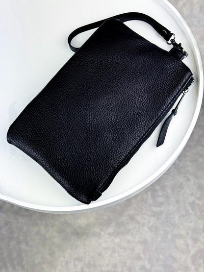 Handmade Genuine Grain Leather Clutch SKILL Black Gift for Him