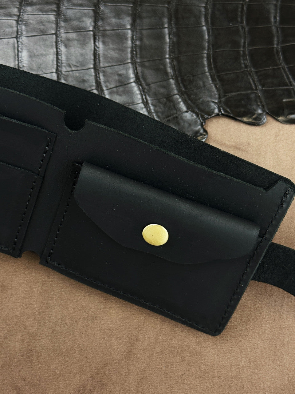Handmade Mens Wallet Genuine Crazy Horse Leather Black Bifold with Coin Pocket