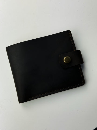 Handmade Mens Wallet Dark Brown Crazy Horse Genuine Leather Bifold with Coin Snap