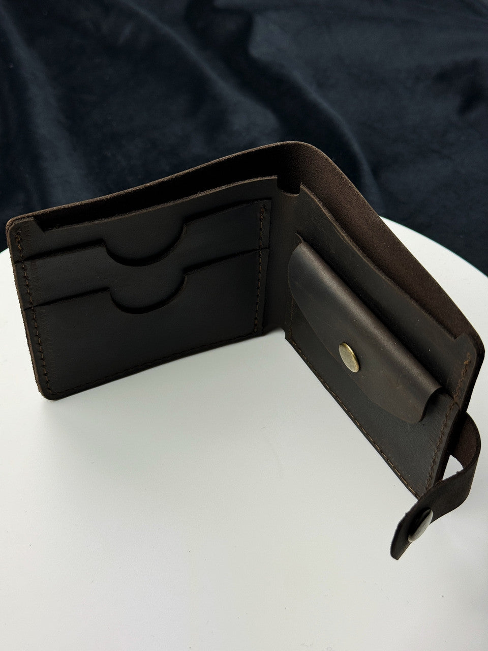 Handmade Mens Wallet Dark Brown Crazy Horse Genuine Leather Bifold with Coin Snap