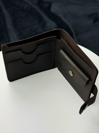 Handmade Mens Wallet Dark Brown Crazy Horse Genuine Leather Bifold with Coin Snap