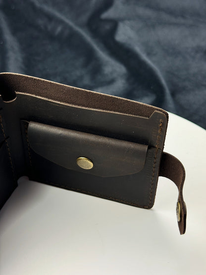 Handmade Mens Wallet Dark Brown Crazy Horse Genuine Leather Bifold with Coin Snap