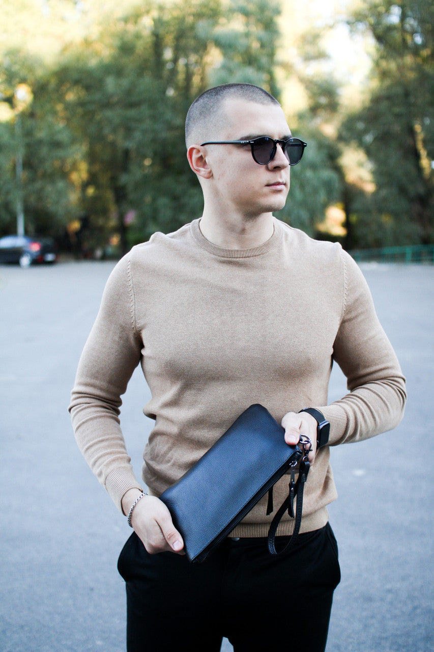 Handmade Black Genuine Grain Leather Clutch for Men Gift for Him