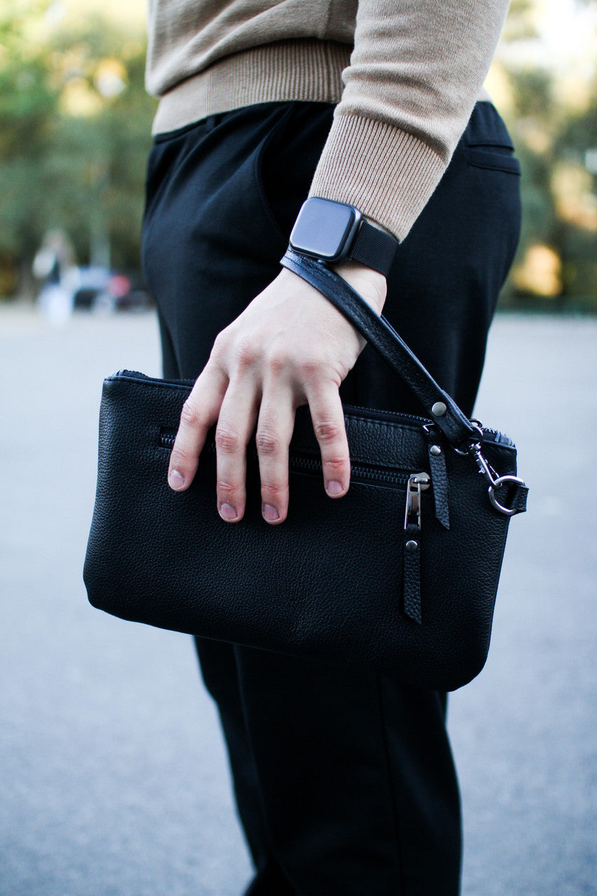 Handmade Black Genuine Grain Leather Clutch for Men Gift for Him