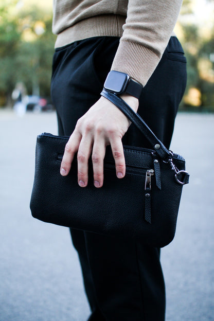 Handmade Black Genuine Grain Leather Clutch for Men Gift for Him