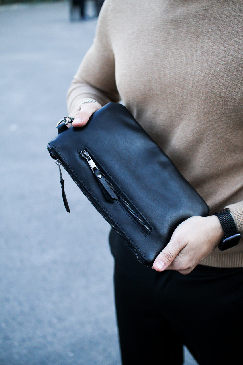 Handmade Genuine Smooth Leather Clutch SKILL Black Minimalist Wristlet Gift for Him