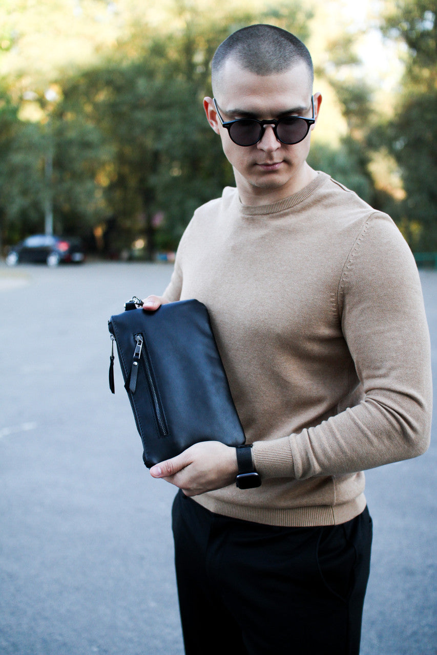 Handmade Genuine Smooth Leather Clutch SKILL Black Minimalist Wristlet Gift for Him