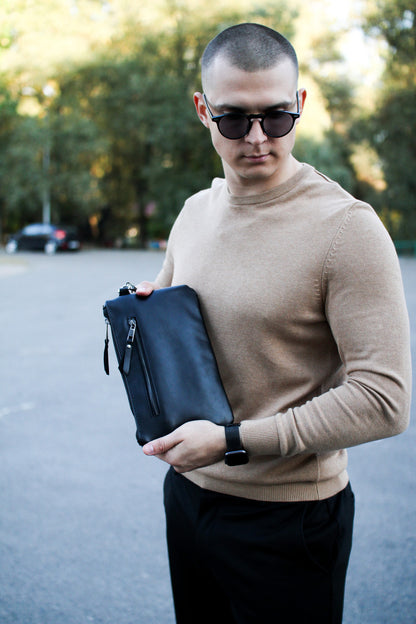 Handmade Genuine Smooth Leather Clutch SKILL Black Minimalist Wristlet Gift for Him