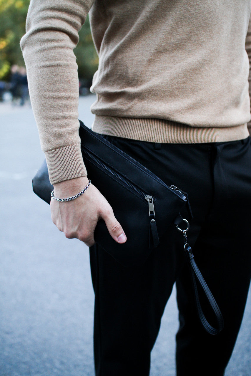 Handmade Genuine Smooth Leather Clutch SKILL Black Minimalist Wristlet Gift for Him