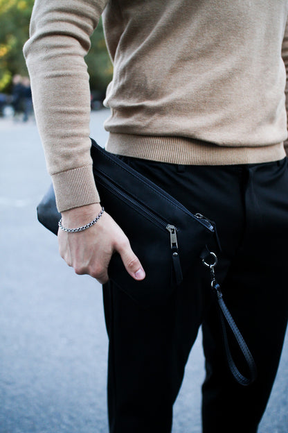 Handmade Genuine Smooth Leather Clutch SKILL Black Minimalist Wristlet Gift for Him