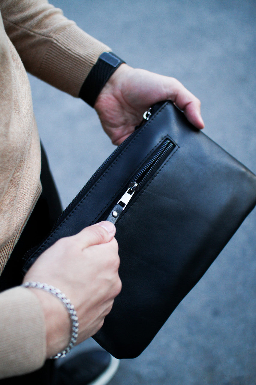 Handmade Genuine Smooth Leather Clutch SKILL Black Minimalist Wristlet Gift for Him